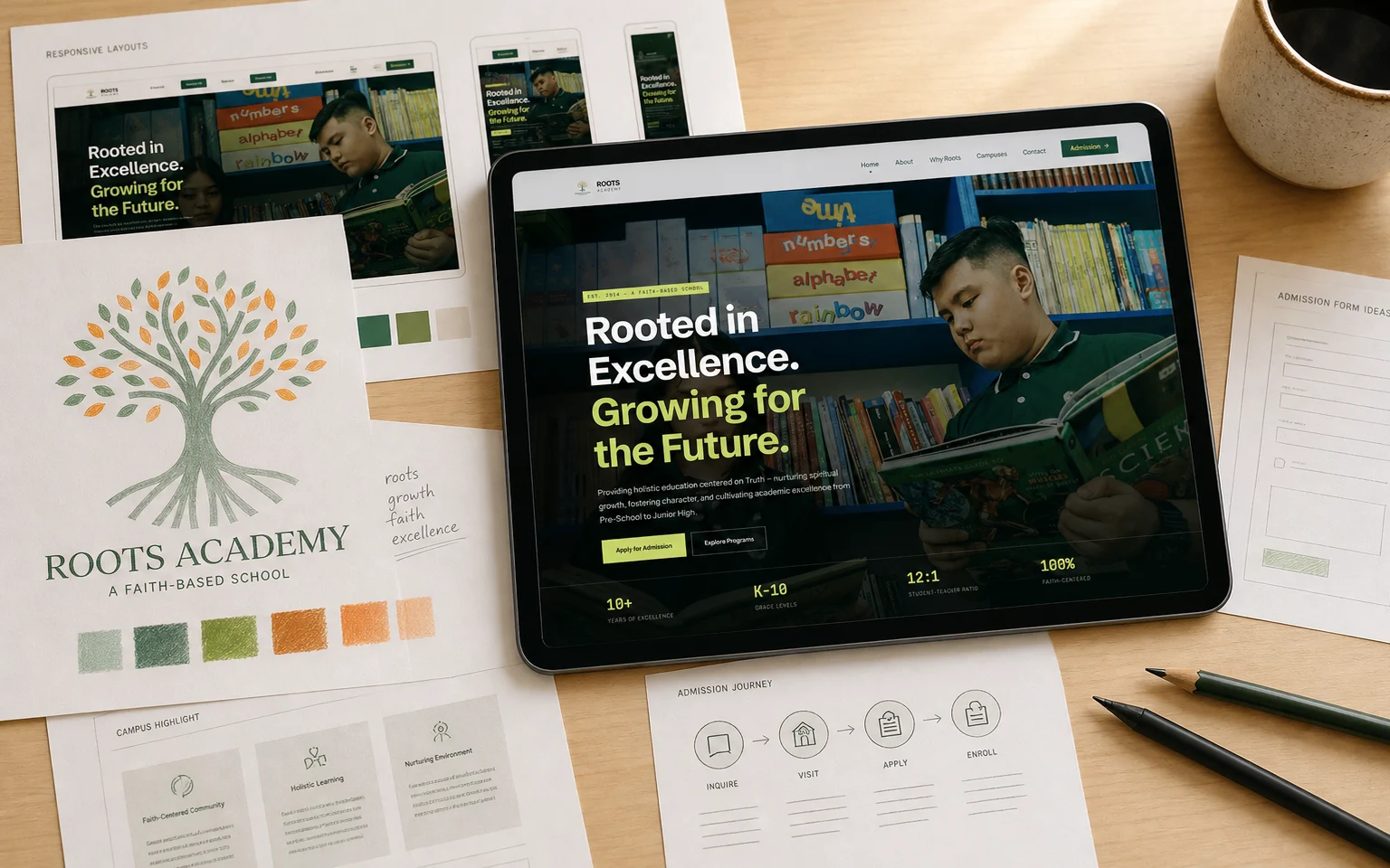 Roots Academy website displayed on a tablet among responsive layouts, admission drafts, and a hand-drawn tree logo study